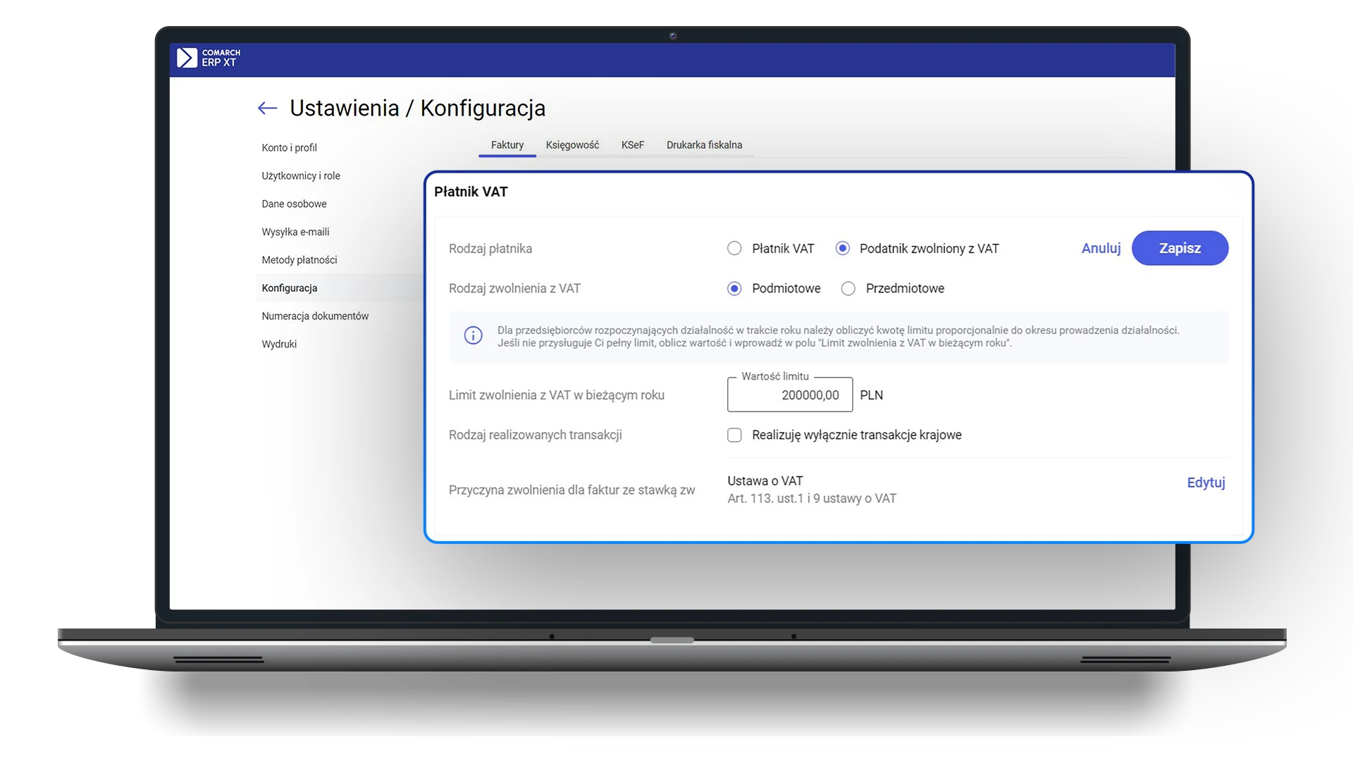 Zwolnienie z VAT w Comarch ERP XT